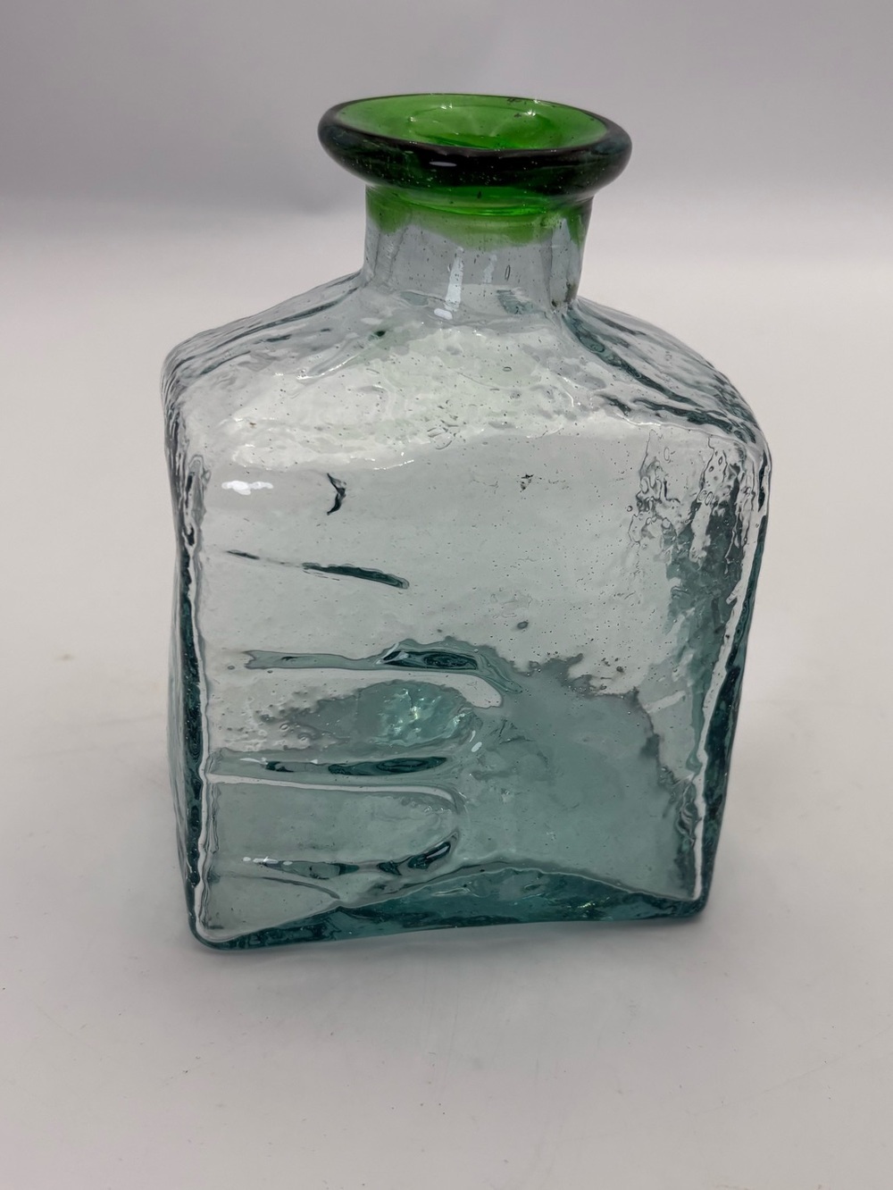 Handblown Green-Trim Square Glass Bottle with “Handprint”